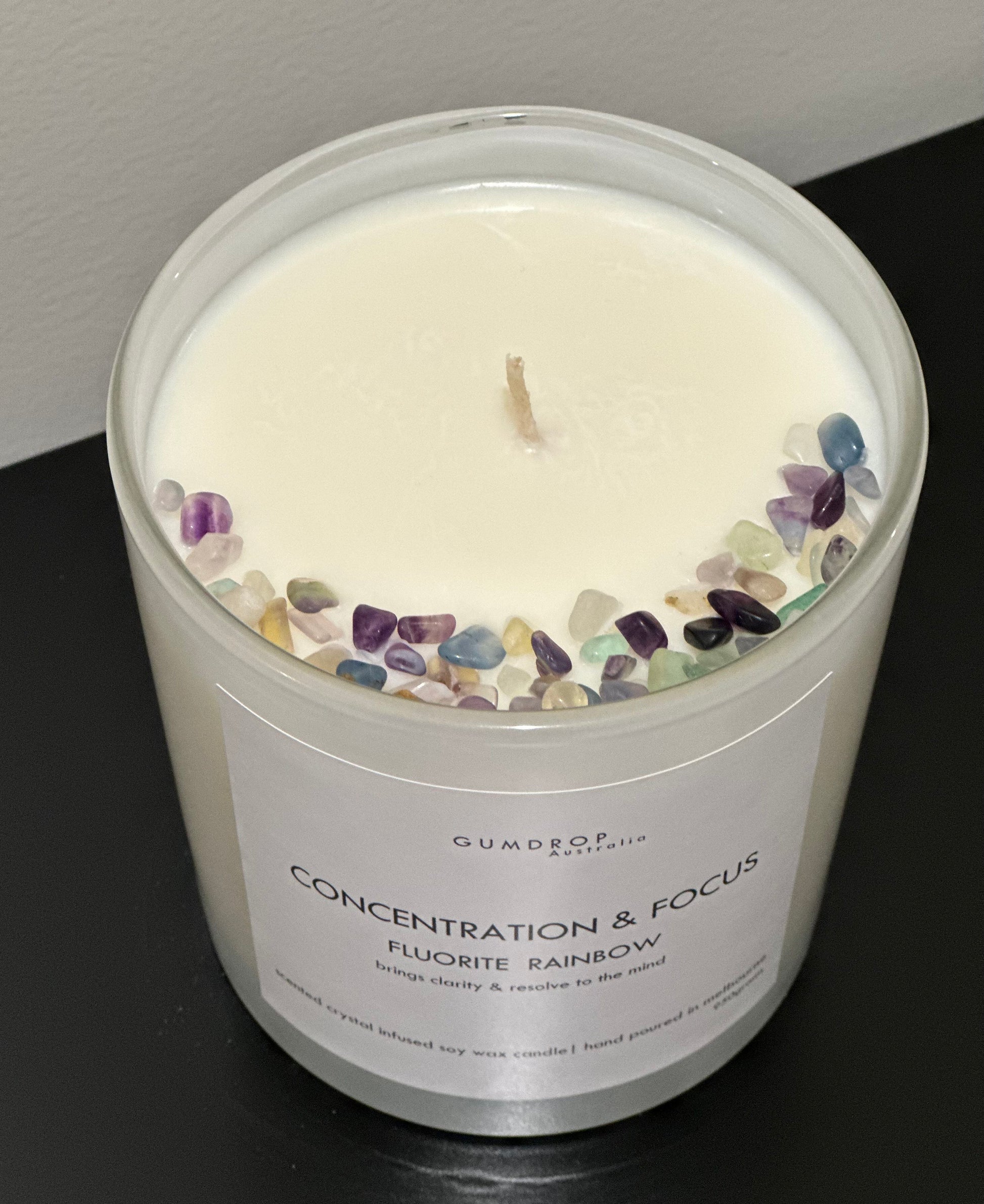 Rainbow Fluorite Crystal Infused Scented Candle Concentration & Focus - GumDropAus