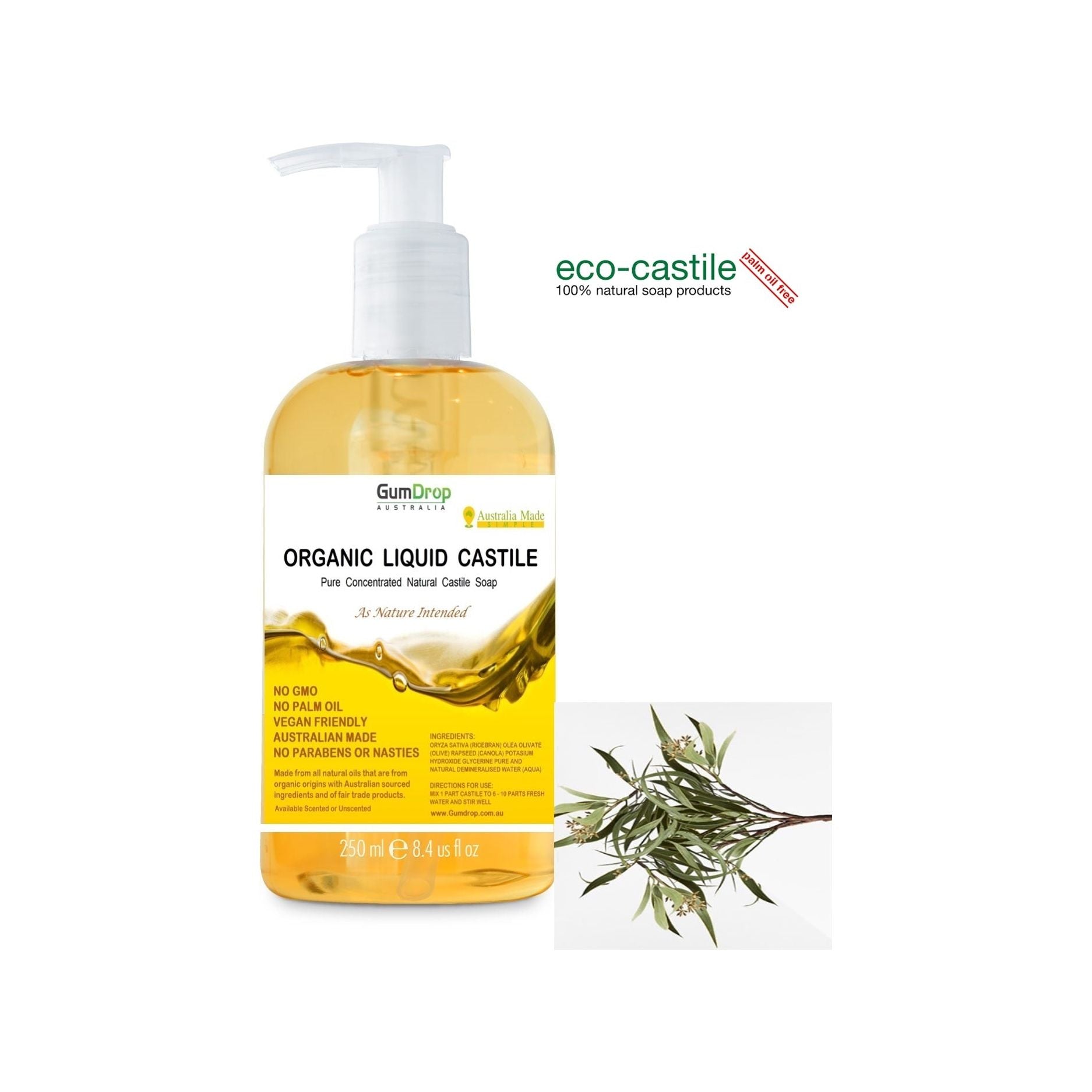 Pure Liquid Castile Soap 250ml Pump Bottle - GumDropAus