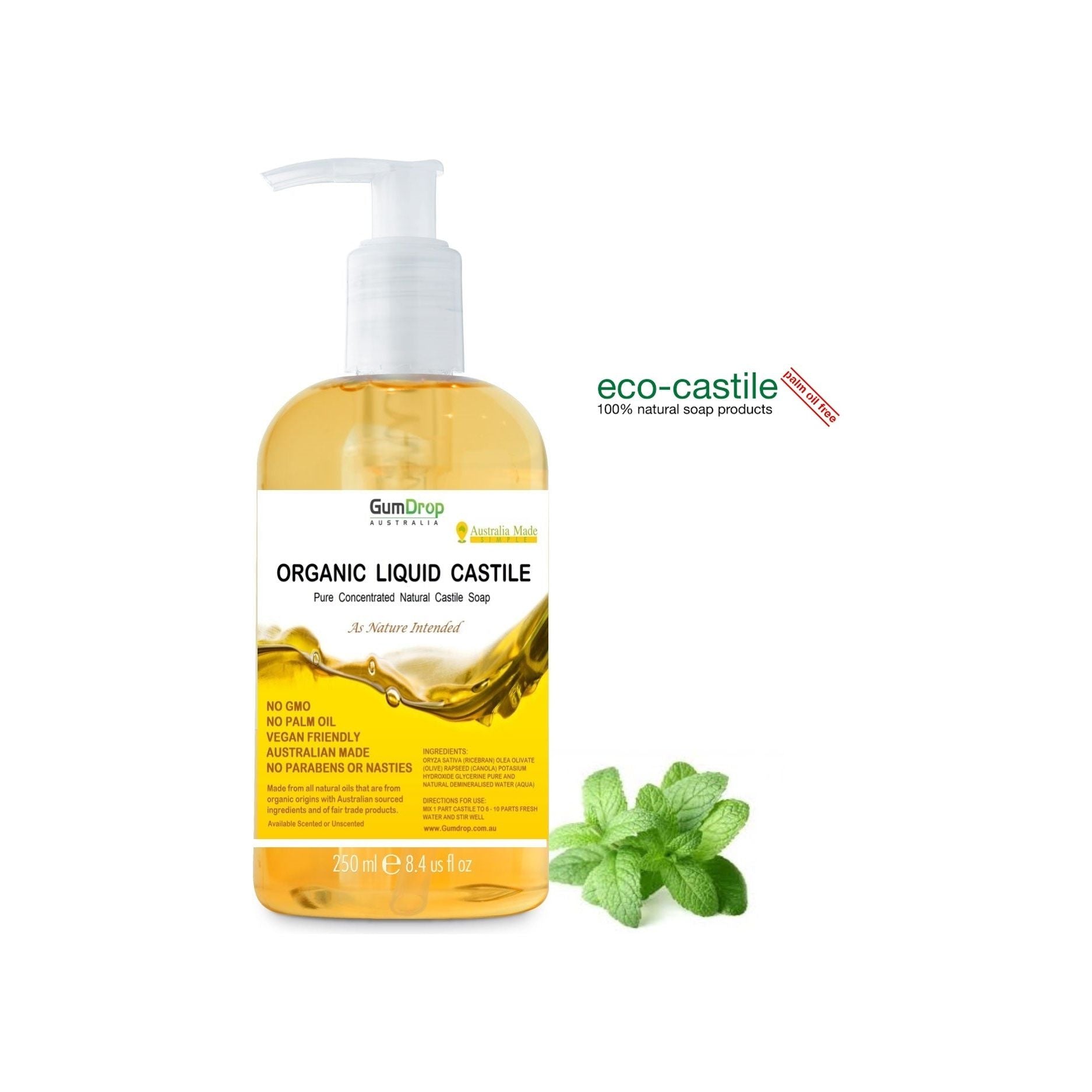 Pure Liquid Castile Soap 250ml Pump Bottle - GumDropAus