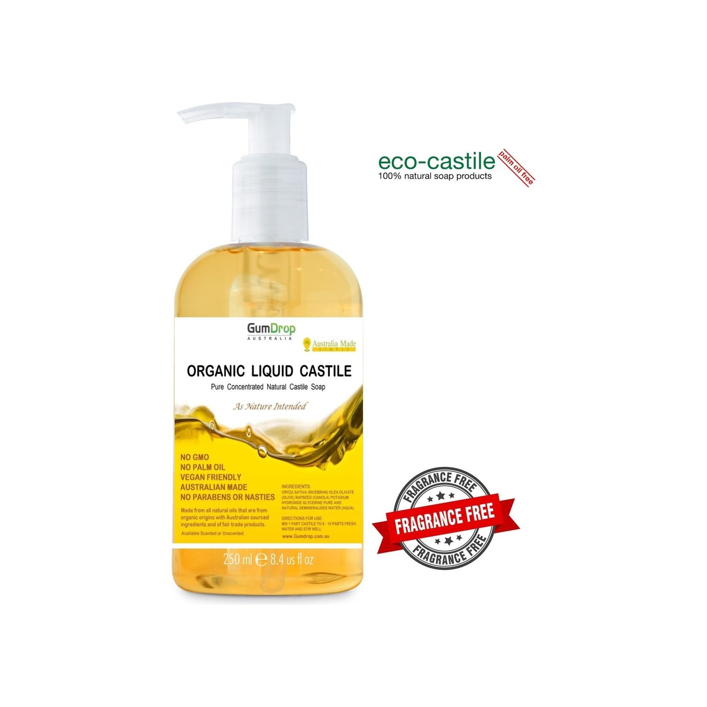 Pure Liquid Castile Soap 250ml Pump Bottle - GumDropAus