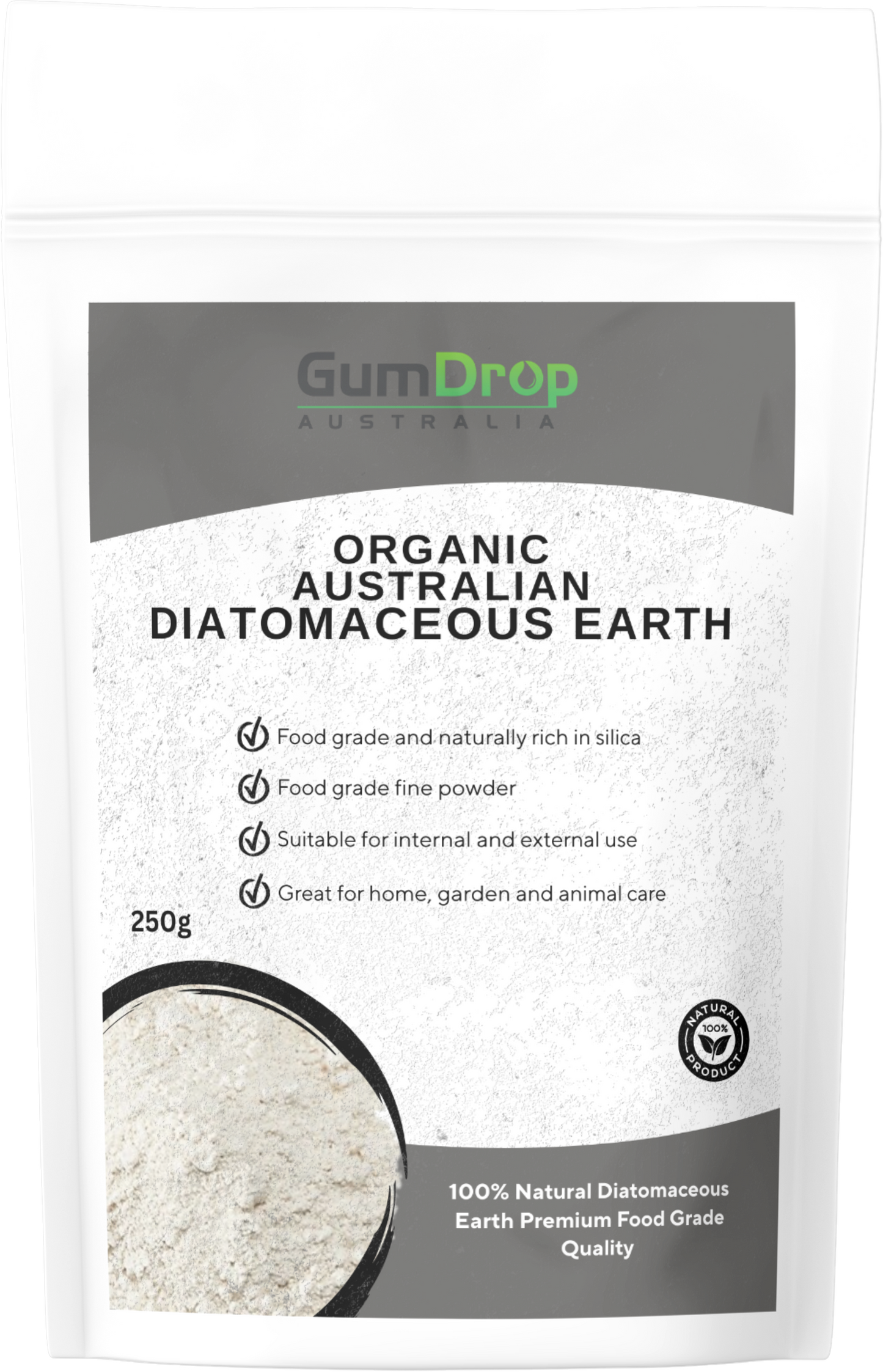 Food Grade Diatomaceous Earth pouch from Gumdrop Australia