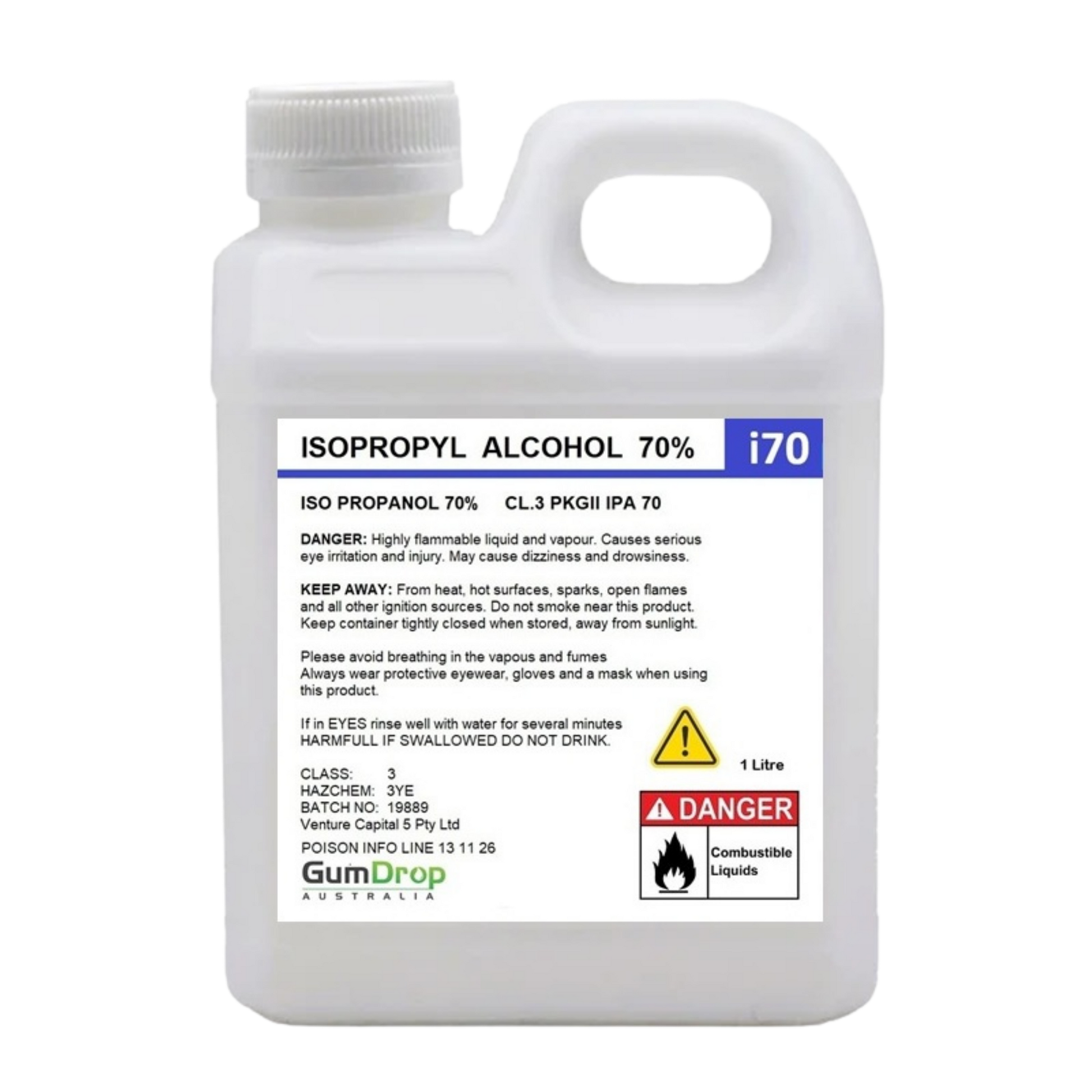 1L bottle of Isopropyl Alcohol 70% IPA from Gumdrop Australia