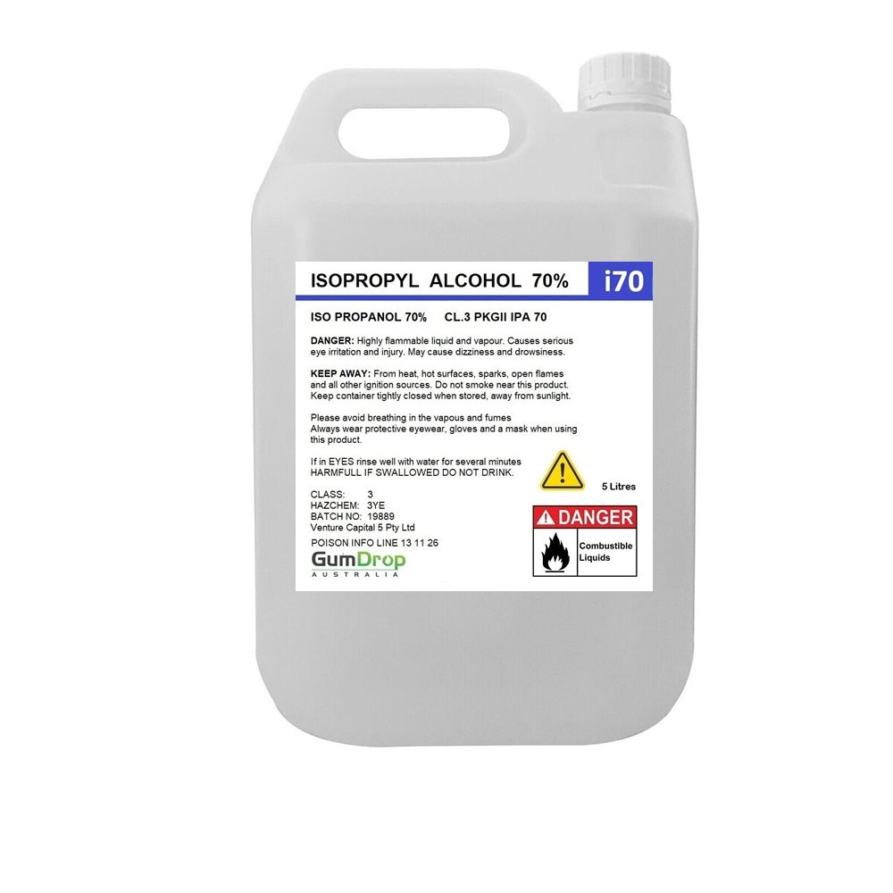 5L container of Isopropyl Alcohol 70% IPA from Gumdrop Australia